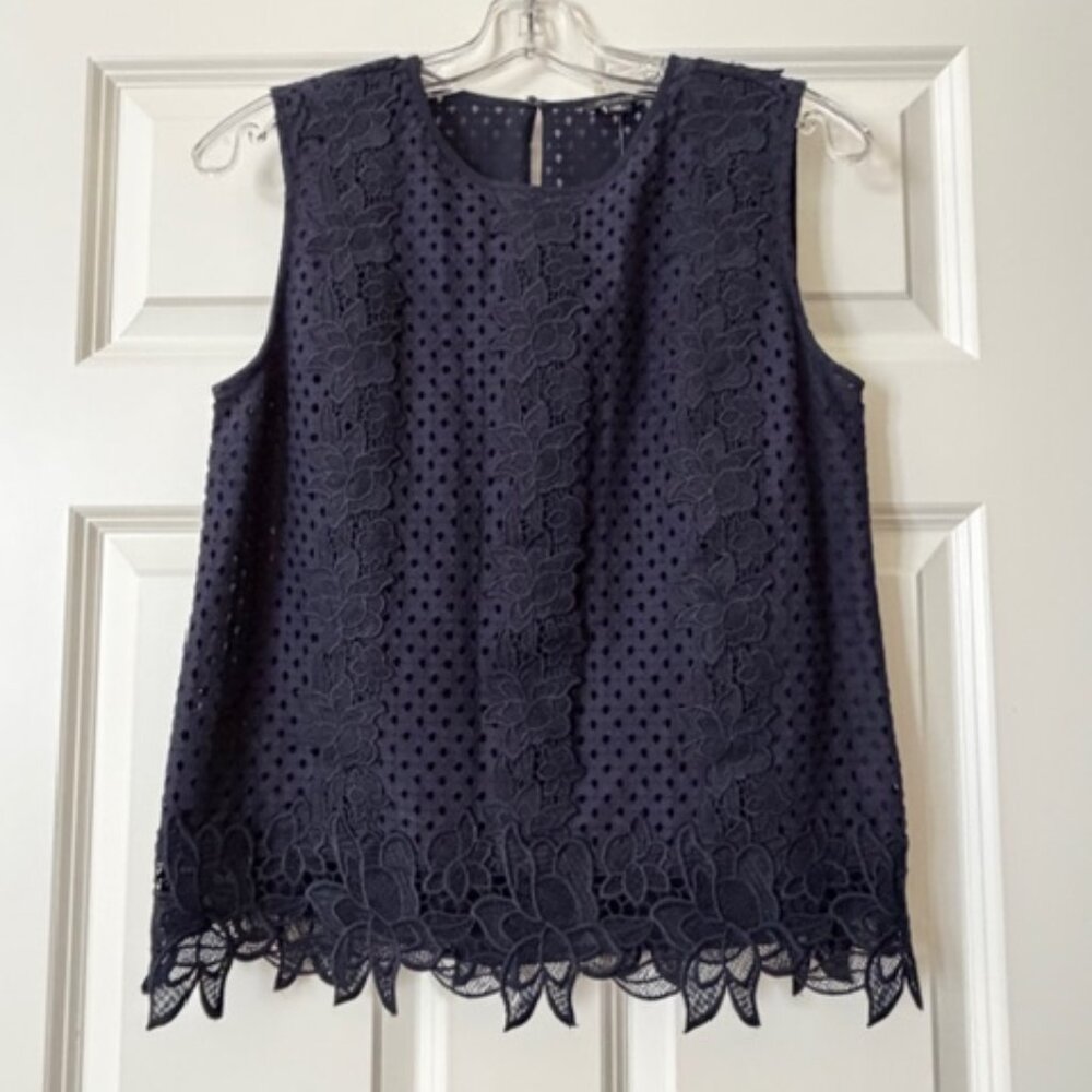 NWT Ann Taylor Navy Blue Floral Lace Sleeveless Blouse Top Women Size XS